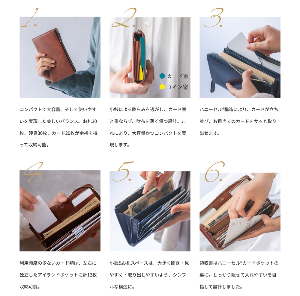 【キプリス】コンパクトハニーセル長財布(L字ラウンドファスナー束入)■シラサギレザー